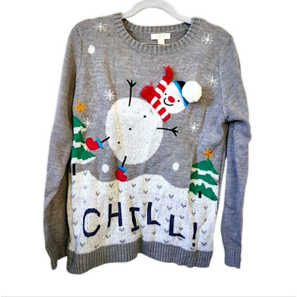 Forever 21 Light Gray Fat Snowman Chill Ugly Christmas Sweater Crew Neck… - Picture 1 of 12